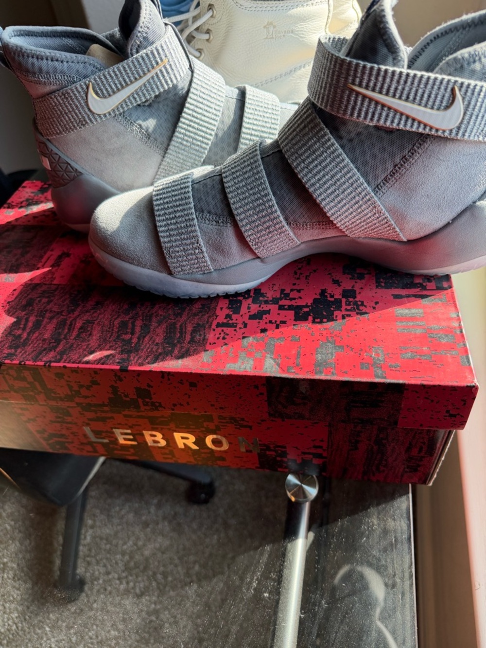 LeBron Nike Grey Strap High-Top Sneakers with White Swoosh